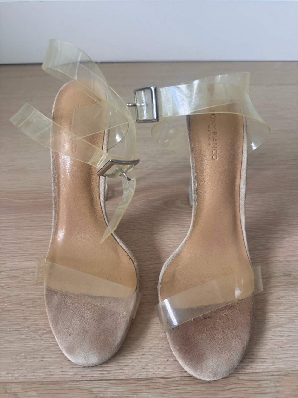 Tony Bianco Kiki Clear Perspex Heels Lucite Block Heel Nude Suede 6.5 Australia